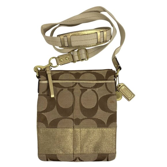 Coach Signature Logo Tan Jacquard Gold 40758 Swingpack Crossbody Shoulder Bag - Picture 1 of 16